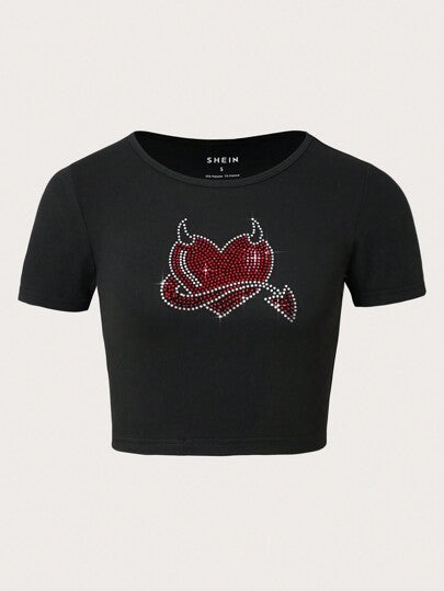 Dame Cropped T-skjorte med kreativt skjelettdesign Skjora