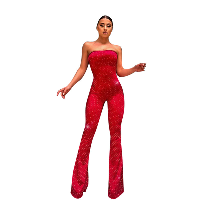 Damer skulderfri jumpsuit med elegante paljetter og skospenner Skjora