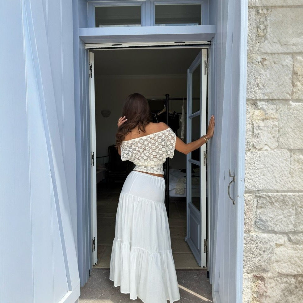Dame Off-Shoulder Blonde Topp med blomsterdesign Skjora