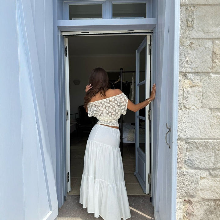 Dame Off-Shoulder Blonde Topp med blomsterdesign Skjora