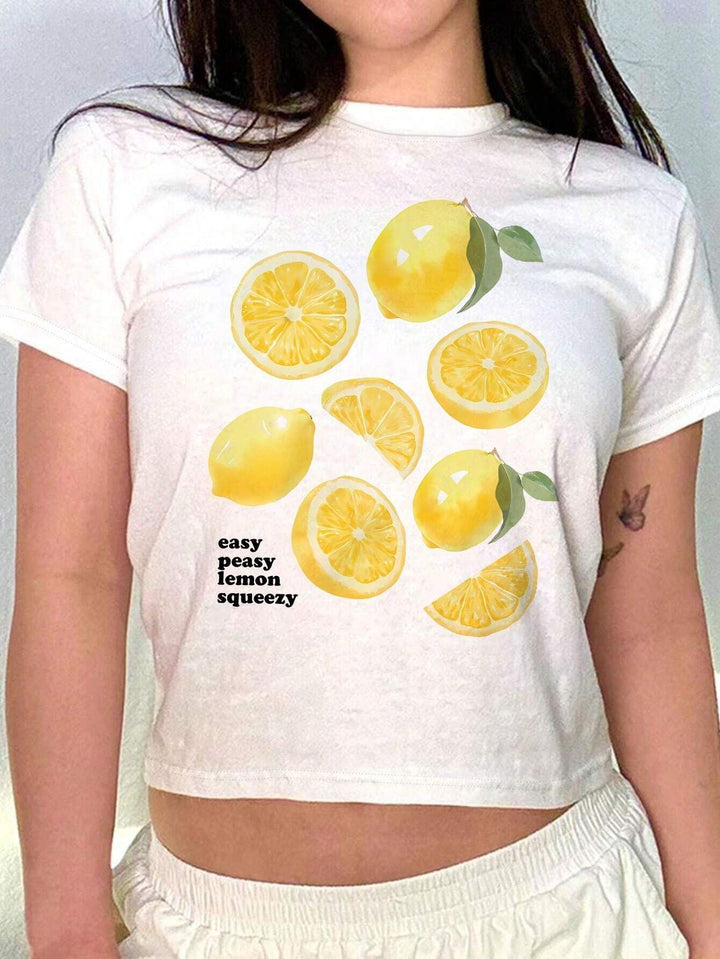 Dame Crop-T-skjorte med kreativ cocktail-design Skjora