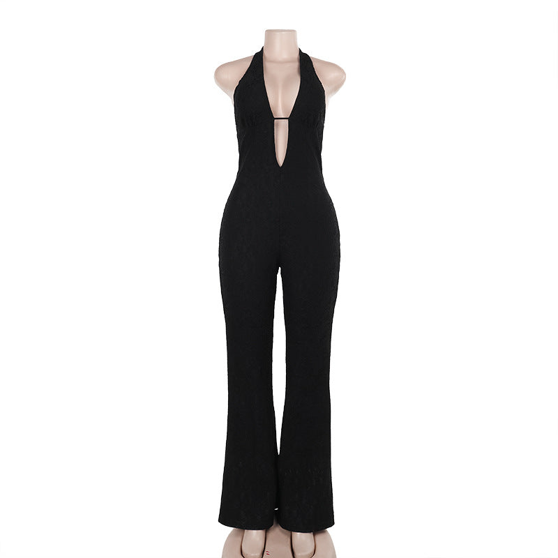 Damer elegant jumpsuit med dyp V-hals og utsvungne ben Skjora