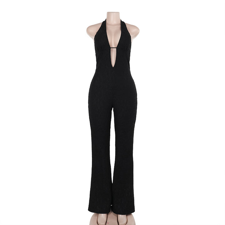 Damer elegant jumpsuit med dyp V-hals og utsvungne ben Skjora