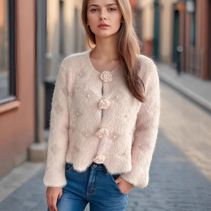 Dame fin cardigan med blomsterapplikasjoner og perleakcenter Skjora
