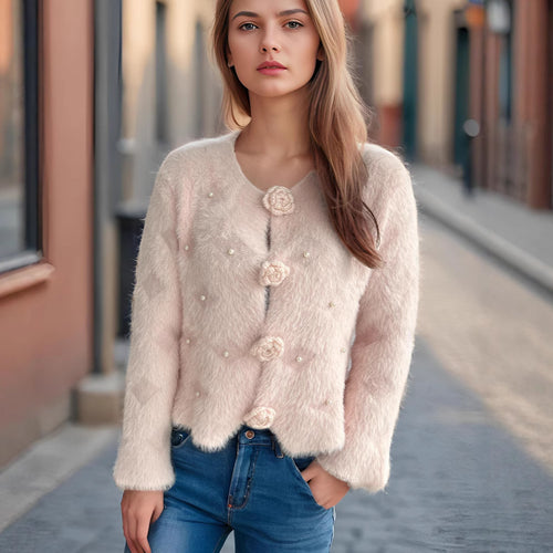 Dame fin cardigan med blomsterapplikasjoner og perleakcenter Skjora