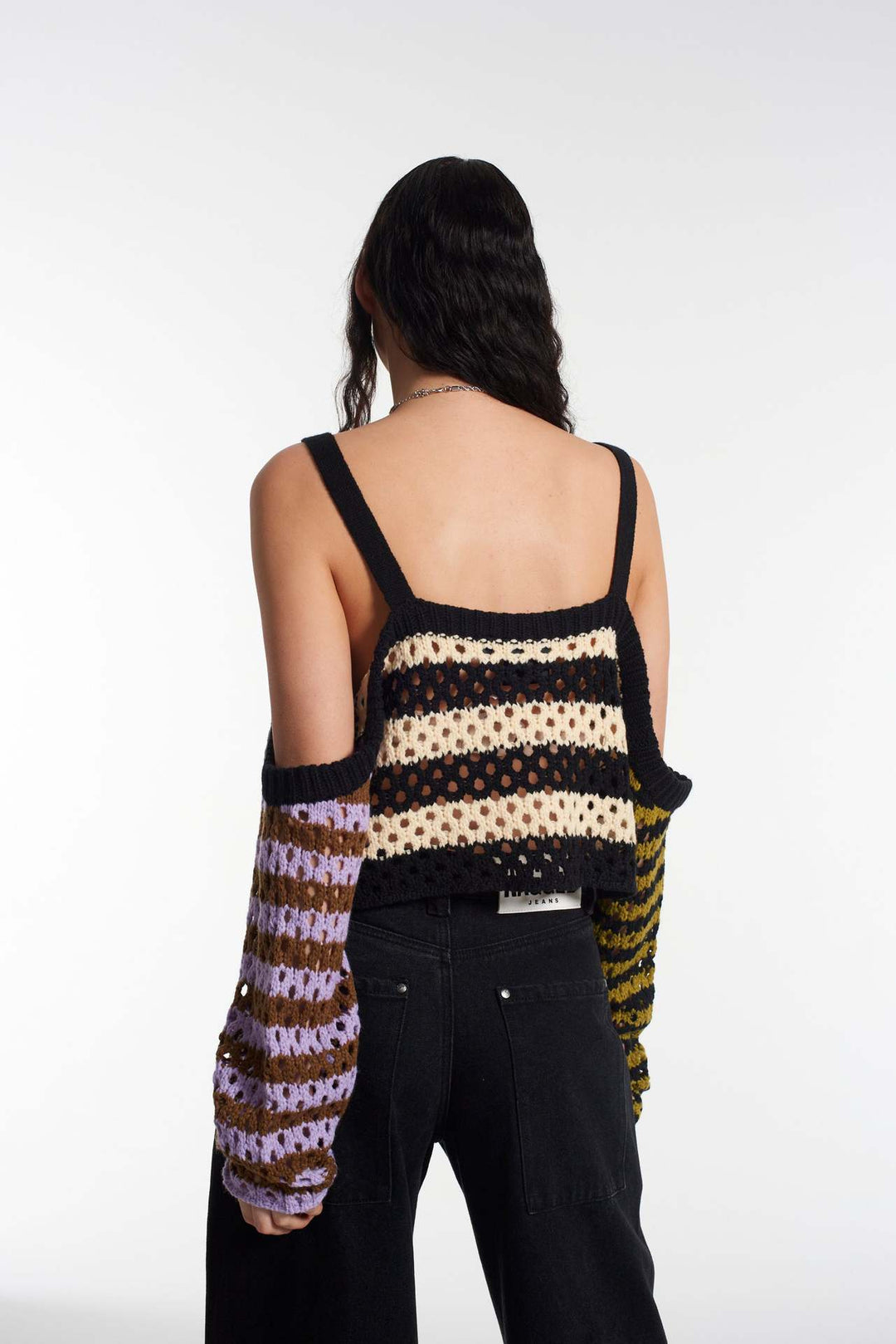 Damer heklet Crop-Top med kreative striper og dekorative ermer Skjora