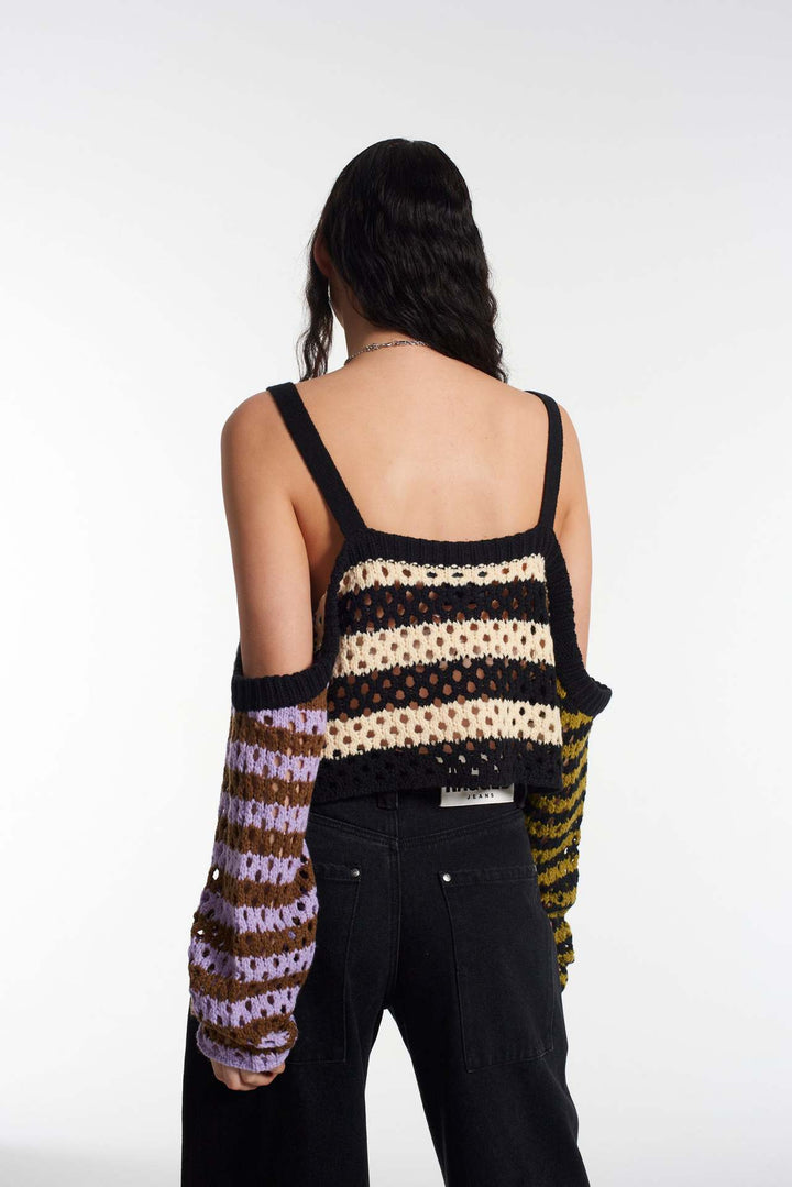 Damer heklet Crop-Top med kreative striper og dekorative ermer Skjora