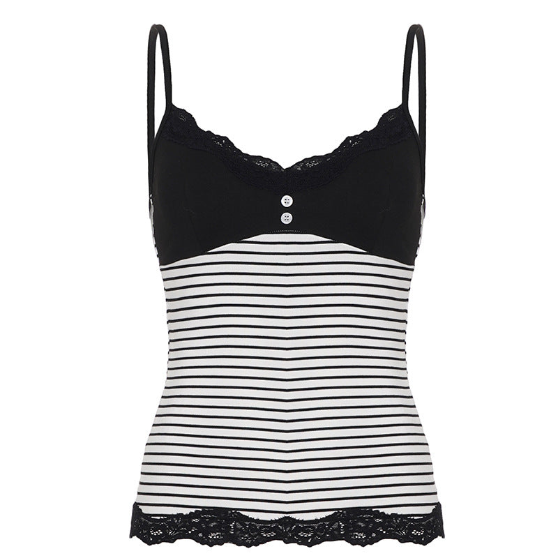 Dame tank top med dekorativt blonder og stripete design Skjora