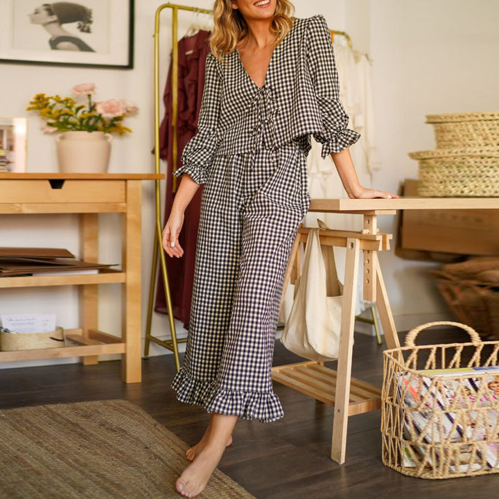 Dame Rutete Pyjamasett med Volangdetaljer Skjora