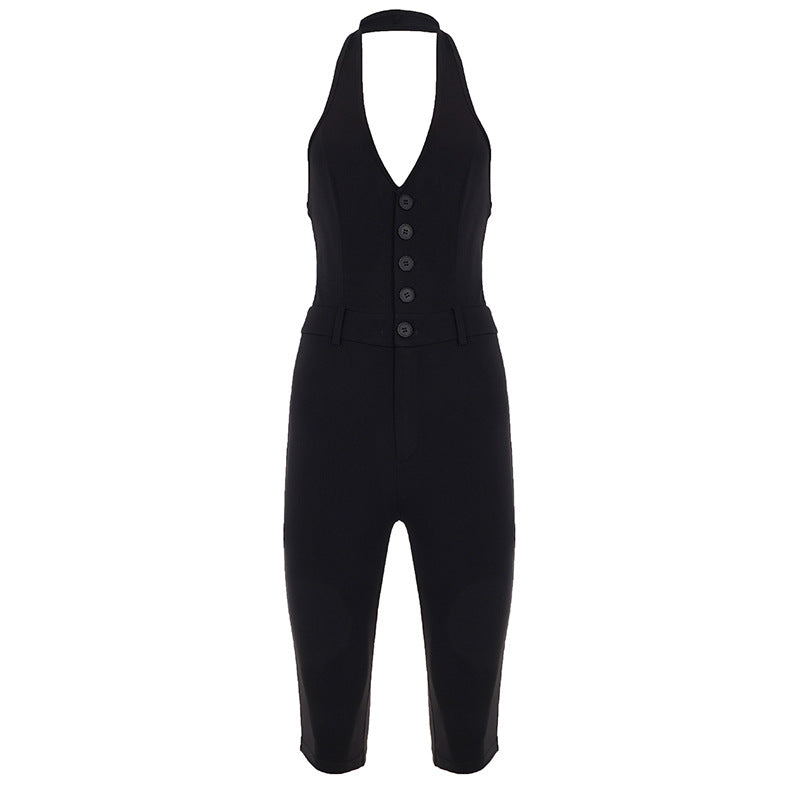 Dame jumpsuit med dyp V-hals og elegant knappdetalj Skjora