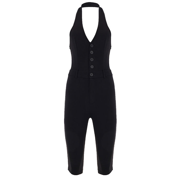 Dame jumpsuit med dyp V-hals og elegant knappdetalj Skjora