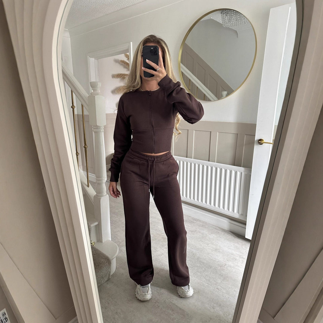 Dame Casual Cropped Hoodie og Joggebukse Sett med Elastisk Midje
