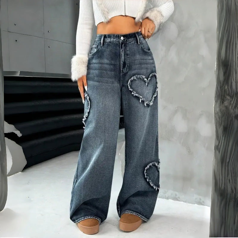 Dame Loose Jeans med hjertebroderi og avslappet snitt Skjora