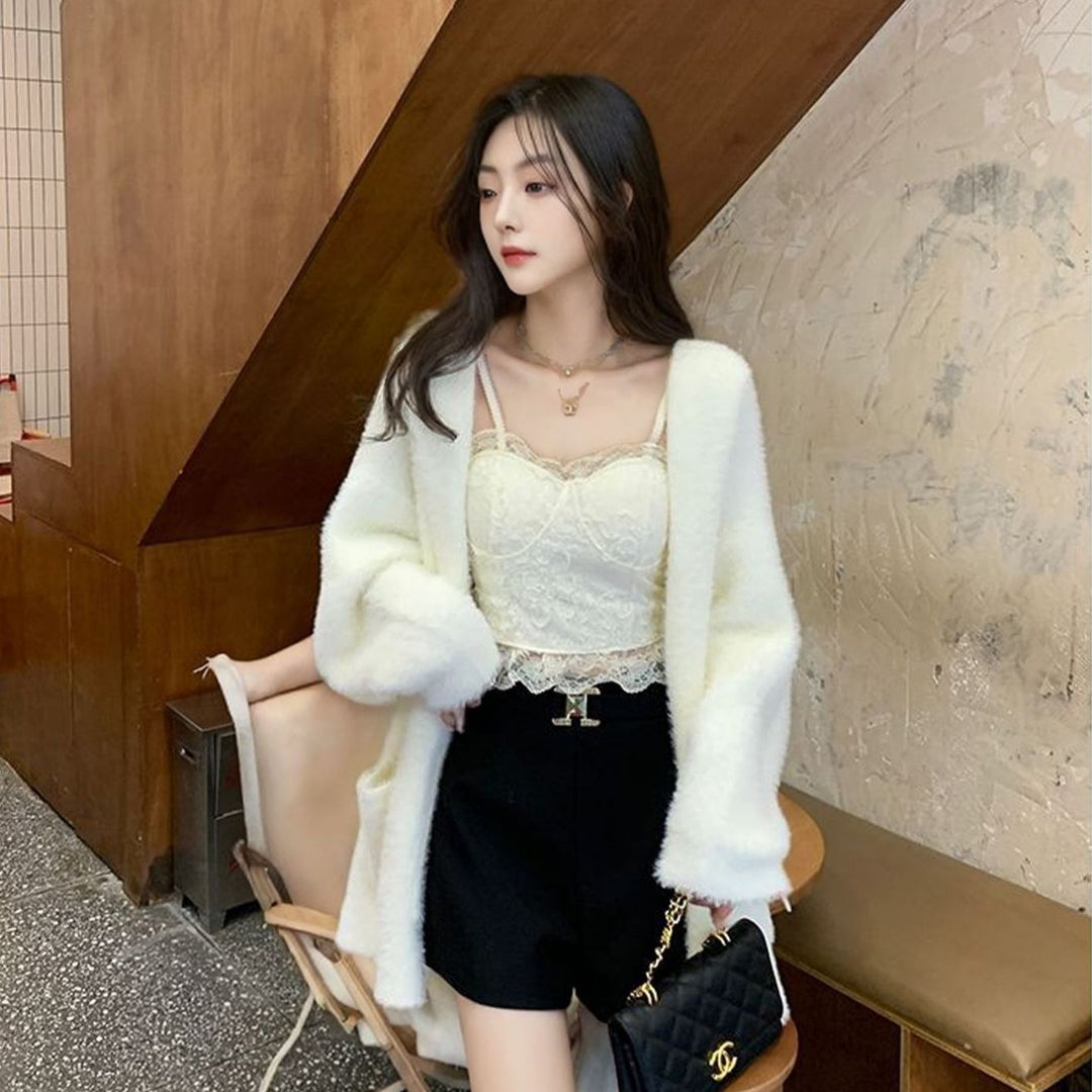 Kvinnes Fluffy Strikket Cardigan med Casual Lommer og Åpen Kutte Skjora