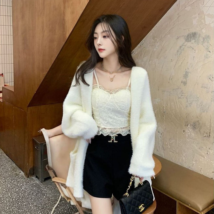 Kvinnes Fluffy Strikket Cardigan med Casual Lommer og Åpen Kutte Skjora