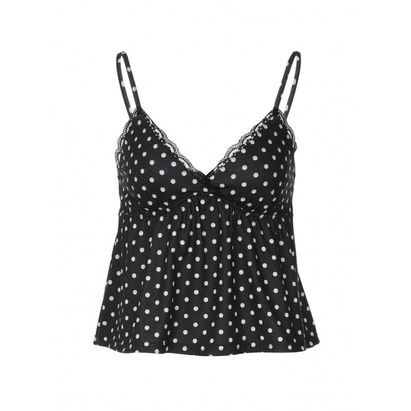 Dame Sjarmerende Spaghetti-top med Polka Dots og Volangdetaljer Skjora