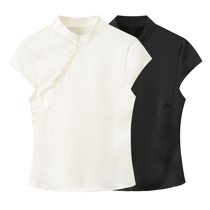 Dame elegant topp med asymmetrisk krage og knappdetaljer Skjora