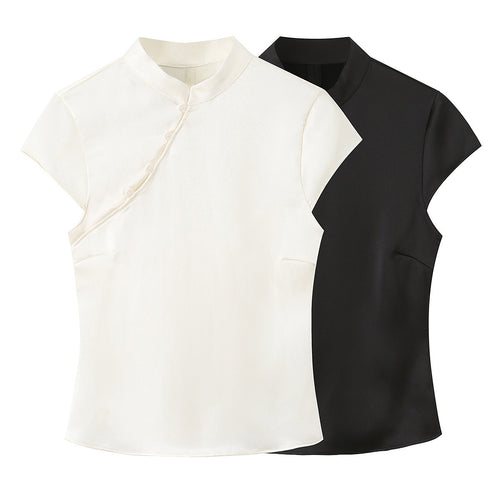 Dame elegant topp med asymmetrisk krage og knappdetaljer Skjora