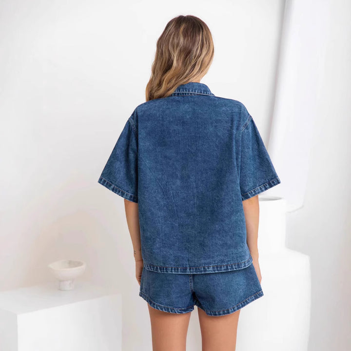Dame denim skjorte og shorts sett i moteriktig stil Skjora