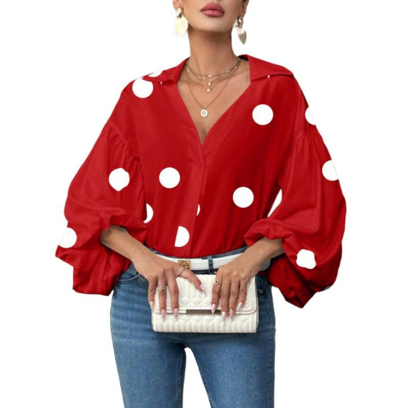 Damebluse med voluminøse ballongermer og elegant krage Skjora