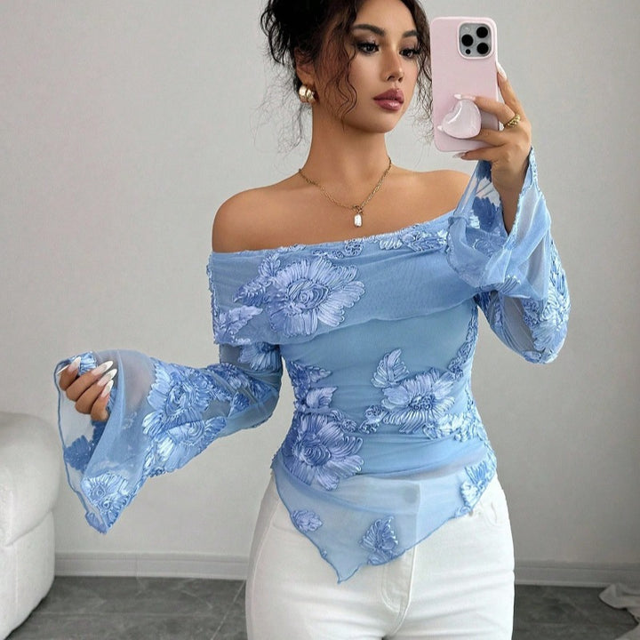 Dame Elegant topp med skulderfri design og blomsterdesign Skjora