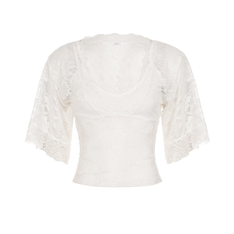 Dame spitze topp i romantisk vintage-stil med vide ermer Skjora
