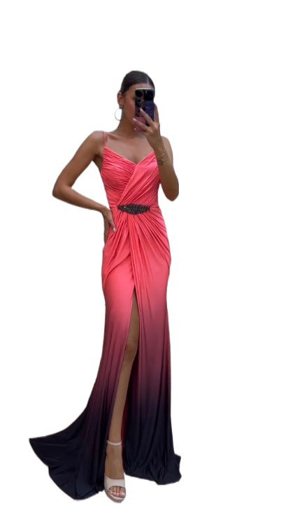 Dame Elegant Maxi Kjole med Dyp Splitt og Glitrende Detaljer Skjora