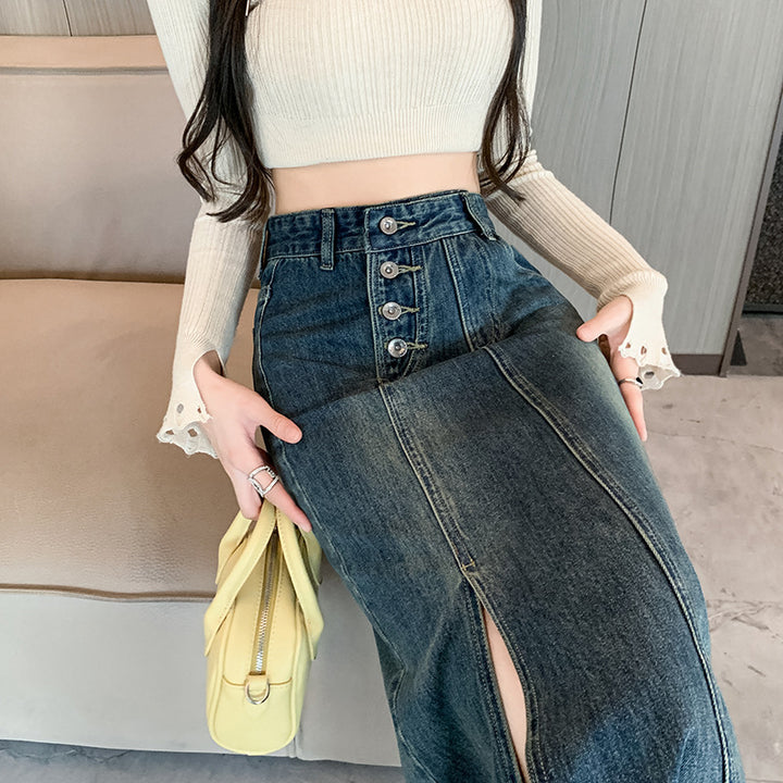 Kvinne Lang Denim Skjørt med Front Splitt Skjora
