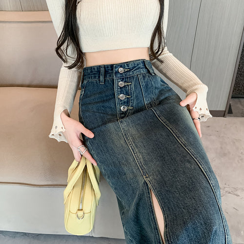 Kvinne Lang Denim Skjørt med Front Splitt Skjora