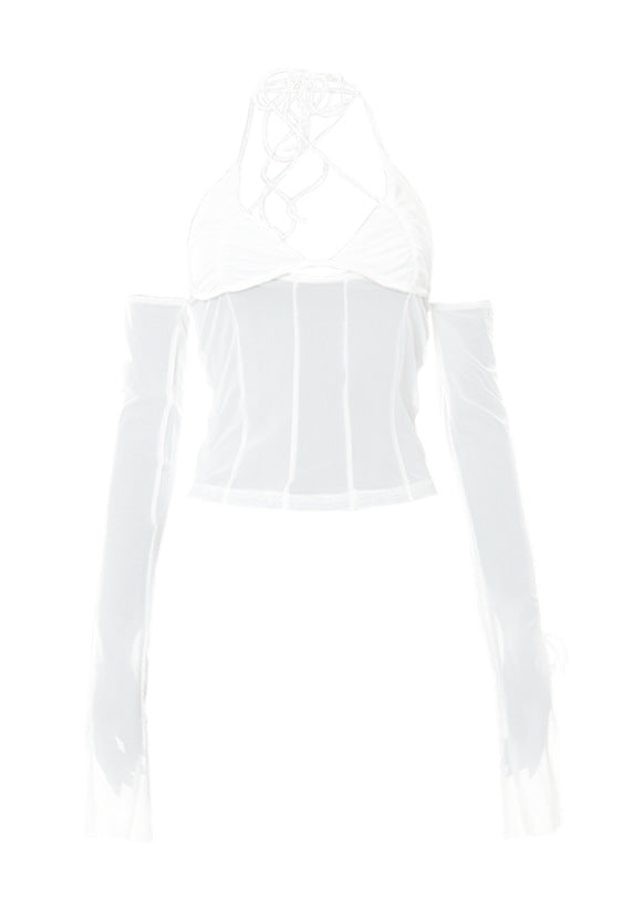 Dame Crop-Top med gjennomsiktig design og raffinerte volangermermer Skjora