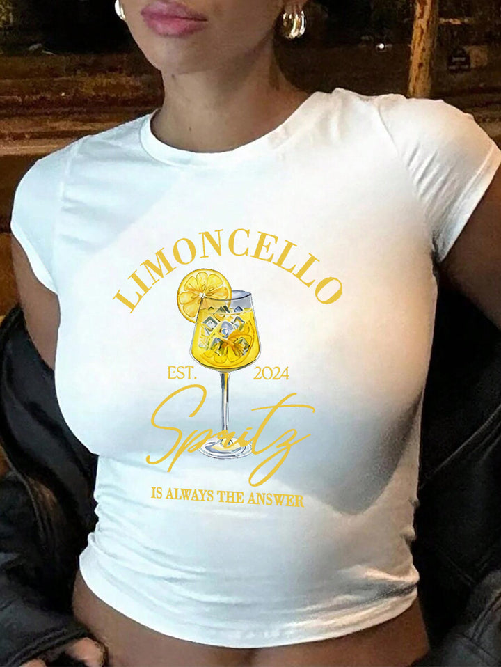 Dame Crop-T-skjorte med kreativ cocktail-design Skjora