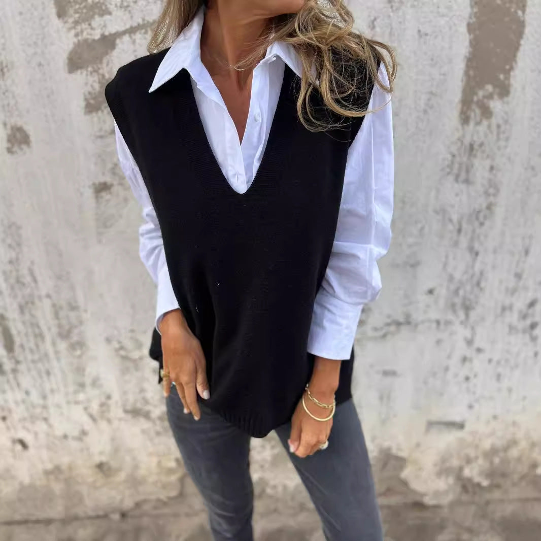 Damer elegant strikket vest med V-hals og fine ribbedetaljer Skjora