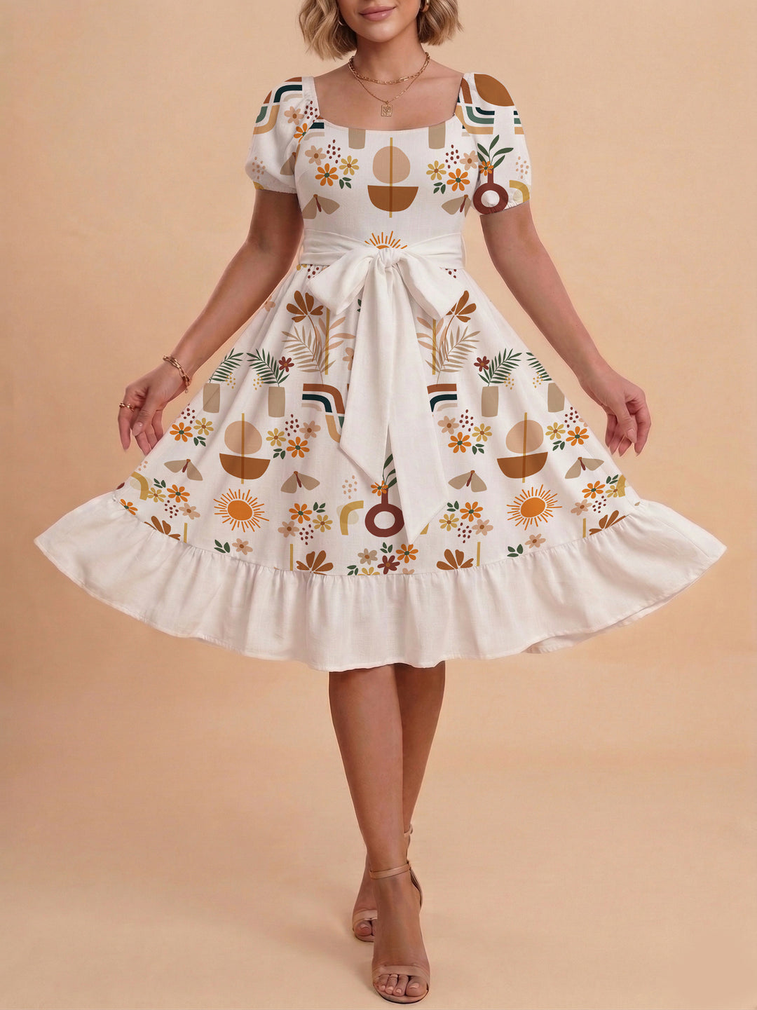 Damen Sommerkleid mit floralem Puffärmel und taillierbarem Gürtel Skjora