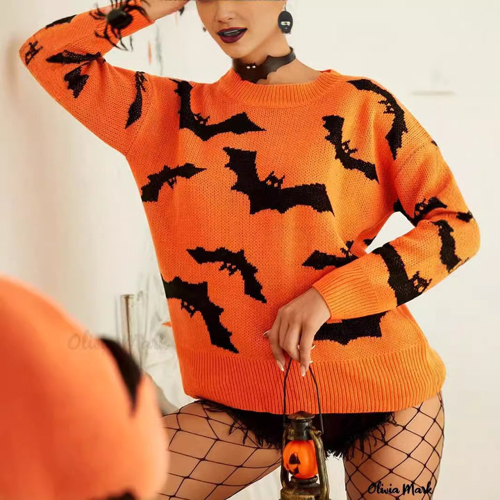 Dame Halloween genser med morsomt flaggermusmønster Skjora