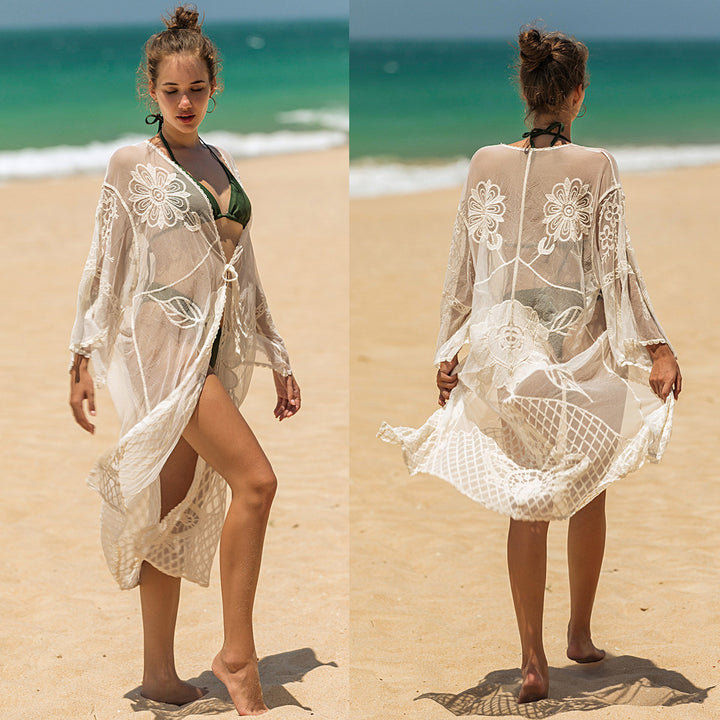 Dame elegant heklet strandtunika med florale detaljer Skjora