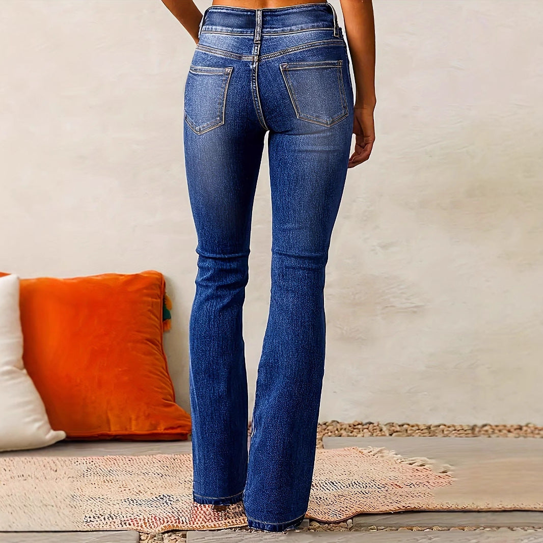 Kvinnenes høye midje flagrende jeans med dekorative knappedetaljer og figurvennlig snitt