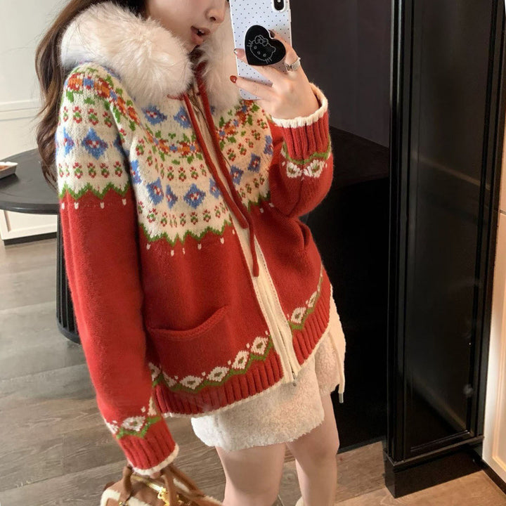 Dame cardigan med trendy norsk mønster og luksuriøs faux fur krage Skjora