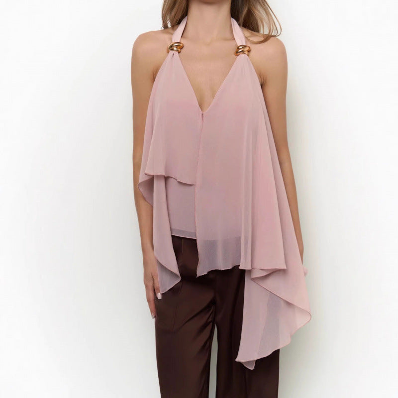 Dame chiffonbluse med asymmetrisk snitt og glansdetaljer Skjora