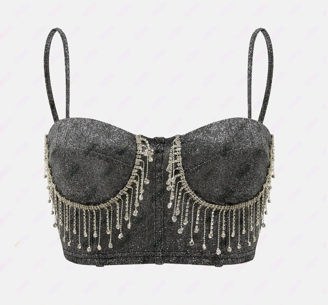 Dames Glitterende Bustier med Funklende Rhinestones Detaljer og Spaghetti Stropper