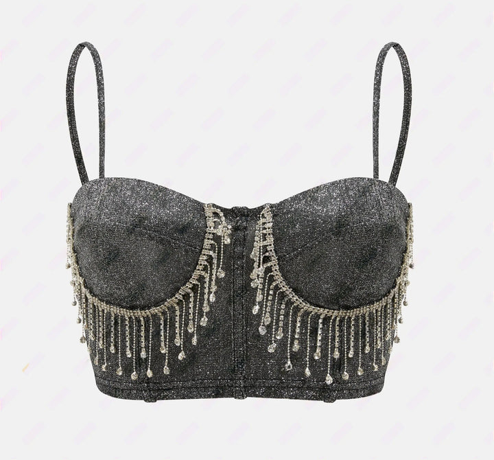 Dames Glitterende Bustier med Funklende Rhinestones Detaljer og Spaghetti Stropper