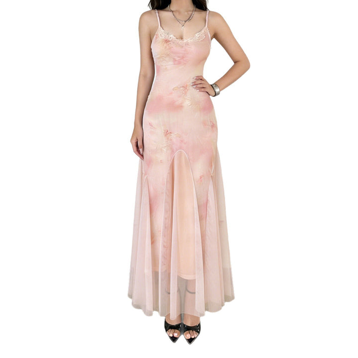 Dame elegant maxikjole i transparent spandex og blomsterdesign Skjora