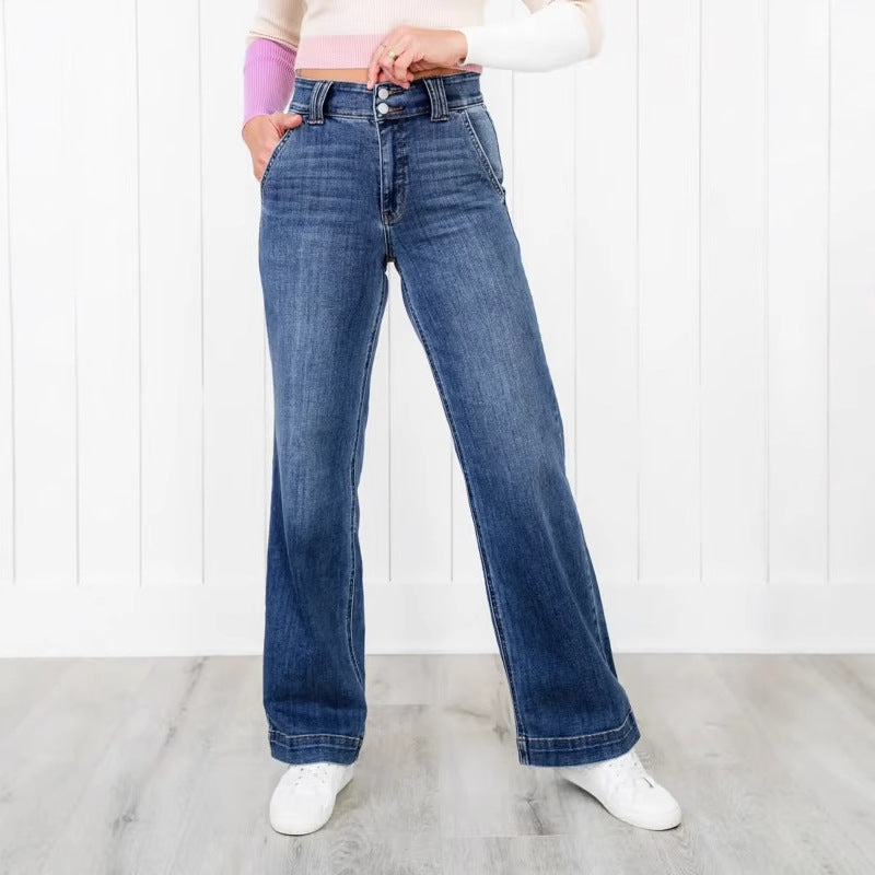 Kvinnelige vide ben jeans med høy midje og elegant sømdesign
