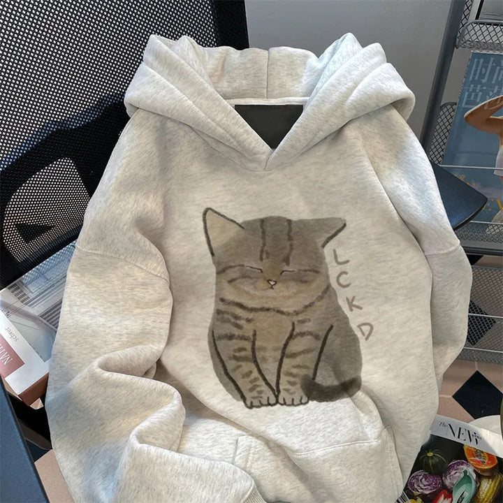 Kvinnelig hettegenser med søtt katte-design Skjora