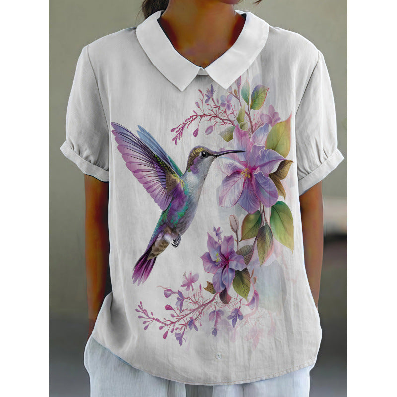 Dame kortermet bluse med florale accenter og klassisk krage Skjora