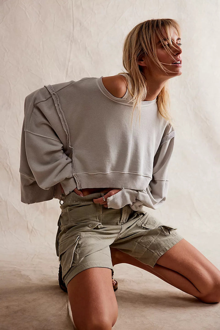 Damer casual avkortet sweatshirt med brede ermer og forseggjorte hemfinsher Skjora