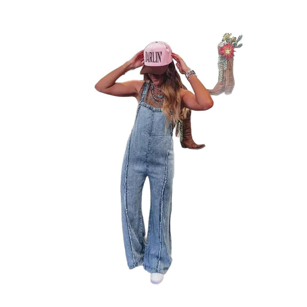 Damer denim overalls med bred ben og praktiske lommer Skjora