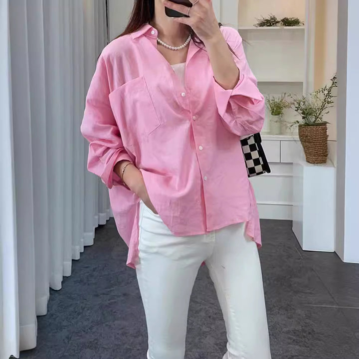 Kvinne Casual Oversized Skjorte Bluse med Brystlomme og Subtil Struktur Skjora