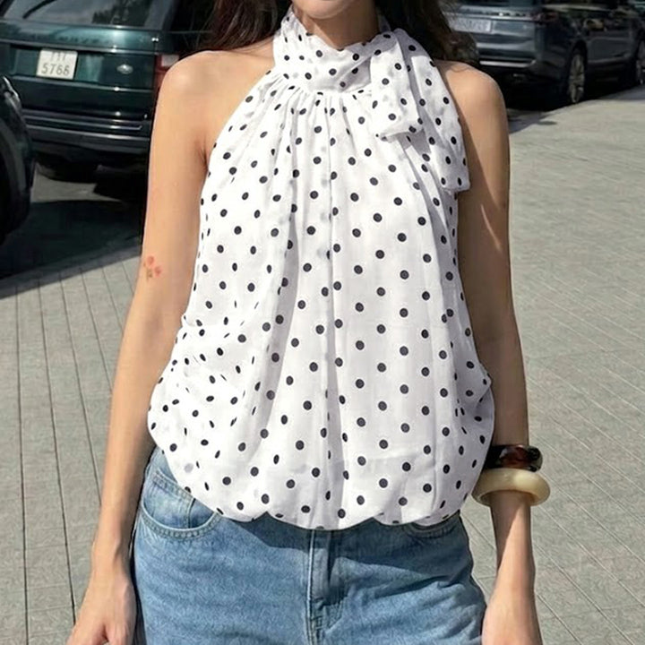 Damer haltertopp med polka-dotter og sløyfeaksent Skjora