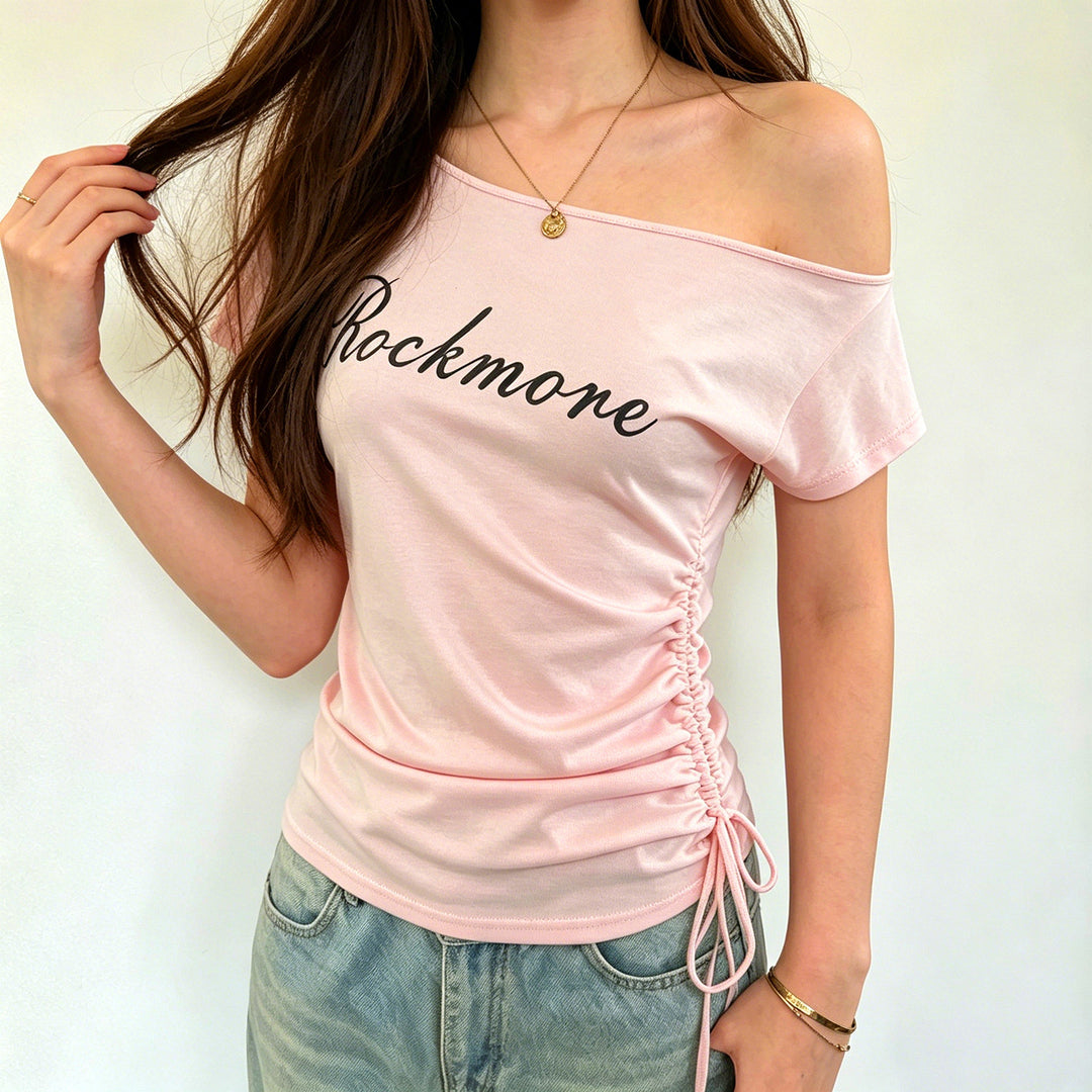 Damer Off-Shoulder T-skjorte med rynker og trendy trykk Skjora