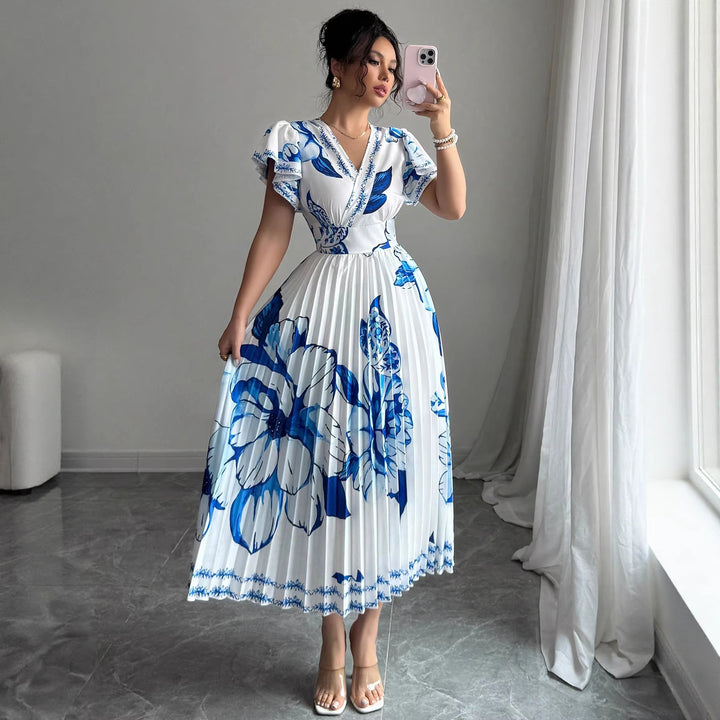 Damer Plisse Maxi Jersey Kjole med blomsterdetaljer og V-utsnitt Skjora